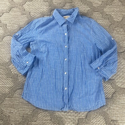 #ad Talbots Shirt Womens Size Medium Blue Striped Button Roll Tab Sleeve $14.99