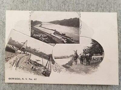 #ad Oswego NY Multiview Canal Lower Dam Mules Pulling Barge UDB Postcard Unposted $19.49