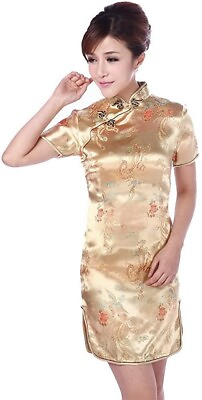 #ad Laogudai China Women#x27;s Chinese Short Cheongsam Qipao Dress Gold Sz S M $58.00