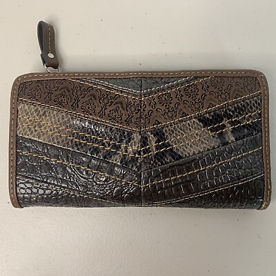 #ad Relic By Fossil Brown Tan Snake Skin Pattern Wallet Checkbook Zipper Snap $14.99