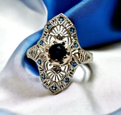 #ad 18K Solid White Gold Vintage Sapphire Art Deco Ring Size 5 Save 1000 #R865 $651.82