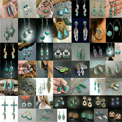 Vintage Turquoise Ear Hook Women Earrings 925 Silver Wedding Dangle Drop Jewelry C $2.62