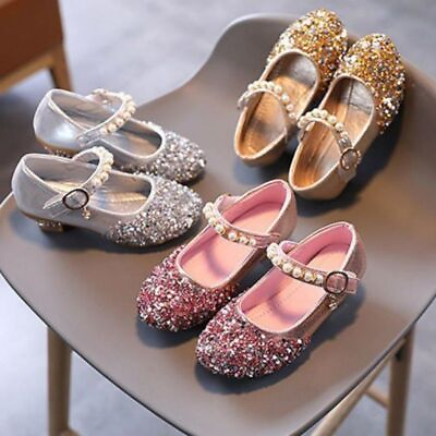 #ad Girls Kids Youth Wedding Party Sequin Dress Shoes Mary Jane Mid Block Heel Shoes $25.99