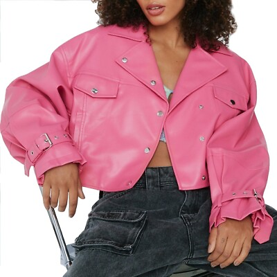 #ad Women#x27;s Cropped Leather Biker Jacket Pink Short Cropped Motorcycle Jacket $224.00