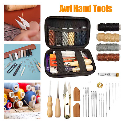 #ad 28PCS Leather Waxed Thread Stitching Needles Awl Hand Tools Kit for Sewing Craft $14.67