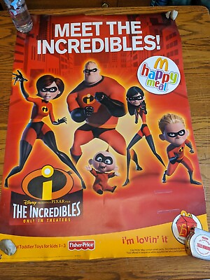 #ad 2004 MCDONALD#x27;S ADVERTISING POSTER MEET THE INCREDIBLES HAPPY MEAL PIXAR MOVIE $24.30