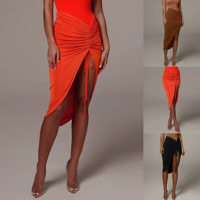 #ad Women Sexy Summer Drawstring Mini Skirt Ladies Bodycon Ruffle Ruched Split Dress $17.79