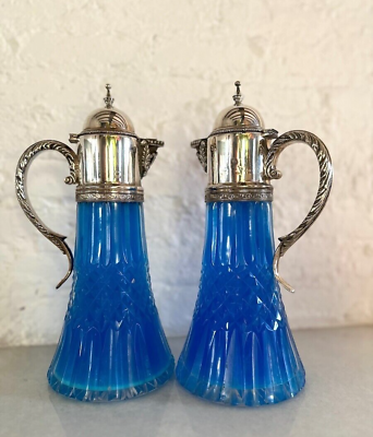 #ad Exquisite Pair: Antique French Louis XVI Crystal Carafes with Silver Plate $750.00