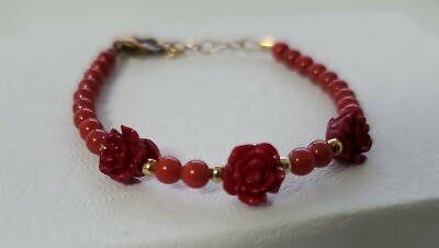#ad NEW Baby Red Beaded Bracelet with Flowers and Gold clasp 35mm $96.00