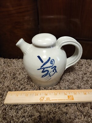 #ad Antique Chinese Short Spout Pottery Teapot With Lid white and blue handmade $49.99