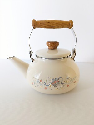 #ad Vintage Enamel Metal Tea Pot Geese Goose Country Blue Ribbons Wooden Handle 80#x27;s AU $39.00