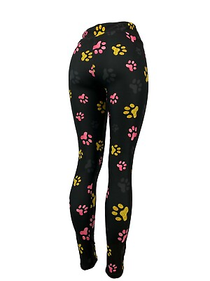 Pink Yellow Gray Dog Paw Print Leggings Black Background Multiple Sizes $16.97