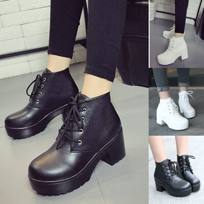 #ad Women Ankle Boots Lace Up Booties Work Womens Platform Block Heels Winter Shoes $29.71