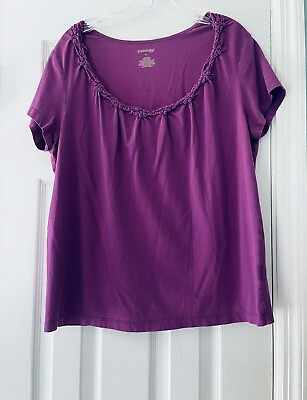 #ad St. John#x27;s Bay Women’s Size XL 22”Chest Purple Ruffled Neckline Shirt Cotton Top $14.00