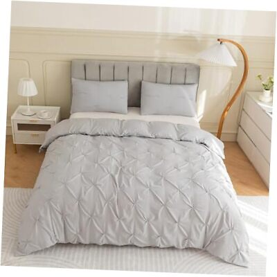 #ad 3 Pieces Bedding Duvet Cover Set Pinch Pleated Queen 90x90 inches Silver Gray $51.41