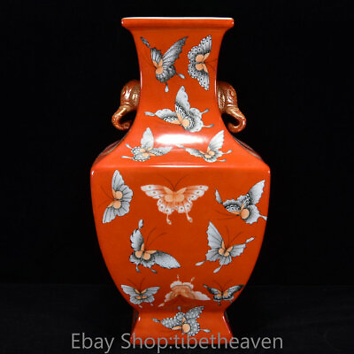 #ad 13.2quot; Qianlong Marked Old China Red Glaze Porcelain Palace Butterfly Bottle Vase $1350.00