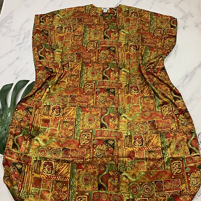#ad Womens Vintage Kaftan Maxi Dress One Size Orange Red Floral Block Print Satin $23.99