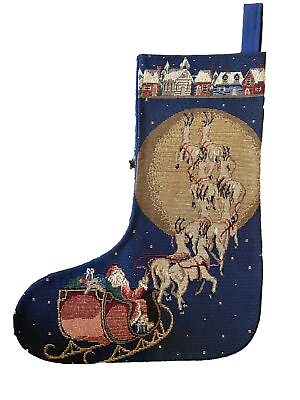 #ad VTG Tapestry Stocking NOS Santa Sleigh Reindeer Christmas Gold Mylar 14 1 2quot; $16.99