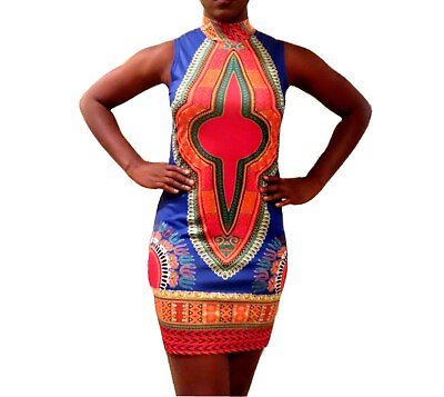 #ad African Sleeveless Turtleneck Blue Stretchy Dashiki Dress $1217.00