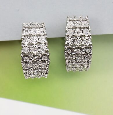 #ad Illusion Set Diamond Hoops Vintage Sterling Silver Huggie Earrings 11.5g $38.84