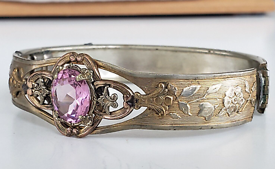 #ad Antique Victorian Pink Glass Stone Floral Hinged Bangle Bracelet 7quot; NeedsTLCclsp $60.24