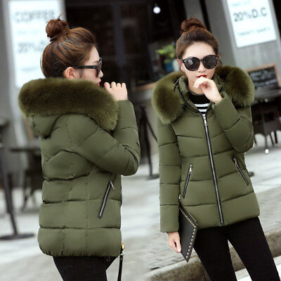 #ad New Winter Women Down Cotton Warm Jacket Slim Short Fur Collar Hooded Coat Parka GBP 18.99