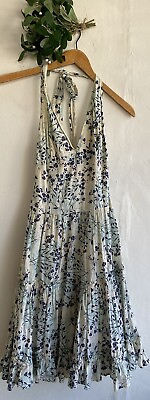 #ad Ted Baker Halter Dress Size 1 Cream Blue Floral Ruffle Tiered Lined 100% Cotton $52.99