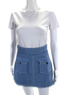 #ad Derek Lam 10 Crosby Womens Knit Pocket Front Fringe Skirt Blue Cotton Size Small $60.99