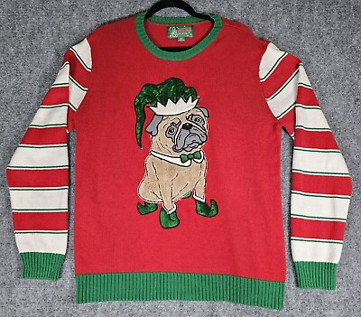 #ad Ugly Christmas Sweater Large Red Green Striped Sleeve Pug Dog Elf Holiday Knit $9.99