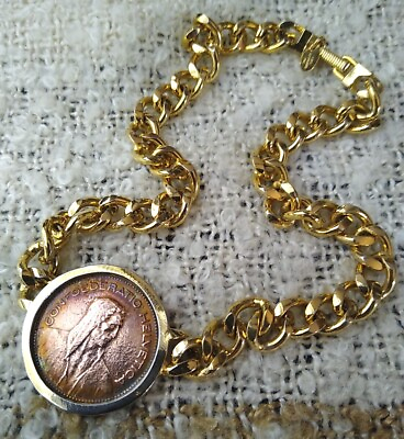#ad LES BERNARD Signed Coin Confederatio Helvetica Gold Tone Chain Necklace VTG $55.00