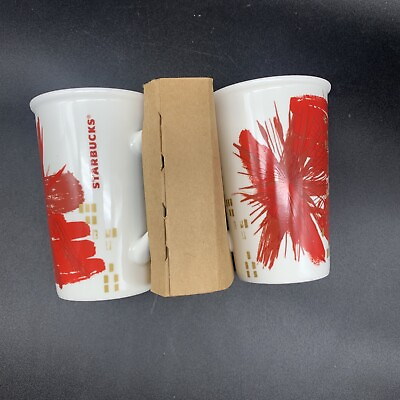 New 2014 Starbucks Holiday Christmas Red Flower Tall 12oz Coffee Mugs Set of 2 $18.20
