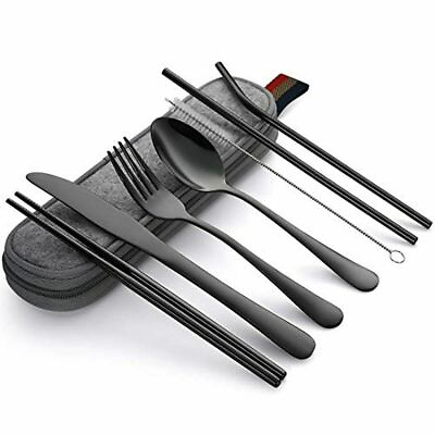 #ad Portable Utensils Travel Camping Cutlery Set 8 PC Knife Fork Spoon BLACK USA $12.29