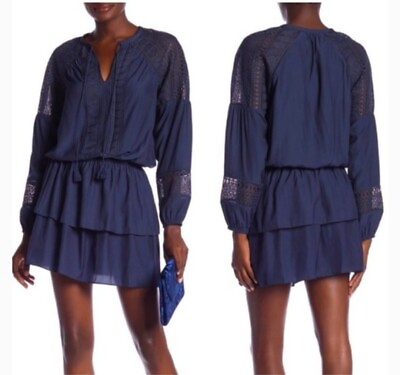 #ad Ramy Brook Winnie Navy Dress Lace Inset Tiered Skirt M $80.00