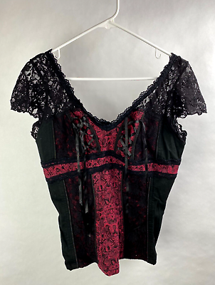 #ad Tripp NYC Womens L Zip Corset Shirt Burgundy Black Floral Lace Gothic Emo $69.99