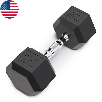 #ad 25 lb Rubber Hex Dumbbell Cast Iron Core Rubber Coat Knurled Grip Barbell Single $57.53