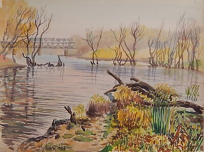 #ad VTG Autumn River Landscape Original Watercolor Pastel Painting Ukrainian Artist $230.00