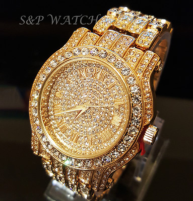 #ad Men Hip Hop Iced Gold PT Rapper#x27;s Bling Luxury Lab Diamond Clubbing Metal Watch $25.99