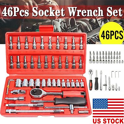#ad 46PCS Socket Spanner Tool Kit Ratchet Wrench Set METRIC SAE 1 4quot; Drive w Case $14.09