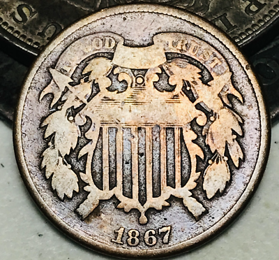 #ad 1867 Two Cent Piece 2C Ungraded US Copper Coin CC21915 $24.99