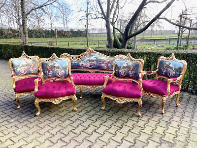 #ad French Louis XVI Style Sofa Set with Chairs Red Fuchsia Velvet European 1940 $3960.00