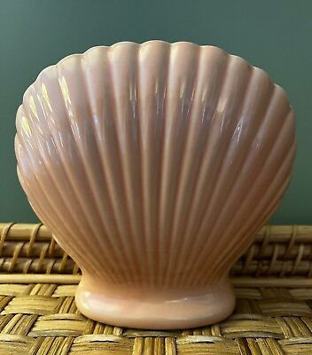 #ad Lovely Coral Clam Shell Fan Shaped Ceramic Vase Japan Art Deco 6.50quot; T $25.00