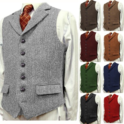 #ad Mens Tweed Vest Wool Vintage Herringbone Hunting Casual Formal Vest Large XL XXL $23.99