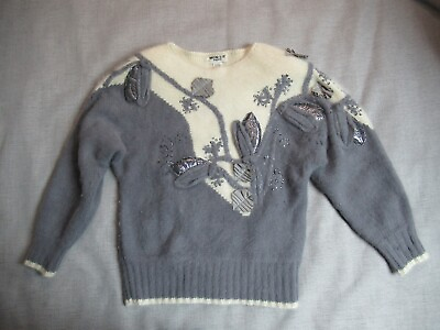 #ad Vintage Mon Liz Womens Sweater L Gray Cream Wool Blend Floral Embellished $42.00