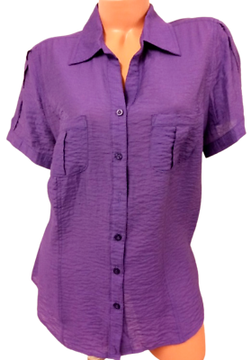 #ad *Dressbarn purple front pockets short sleeve stretch button down top 14 16 $12.99