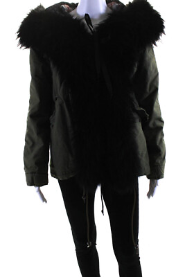 #ad Mr amp; Mrs Furs Womens Cotton Fur Trim Short Hooded Anorak Jacket Green Size XS $292.49