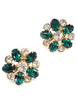 #ad Antoinette dark green rhinestone flower antique gold filled earrings holiday Chr $22.40