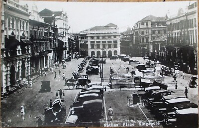 #ad Singapore 1928 Realphoto Postcard Raffles Place Cars Downtown RPPC $14.99