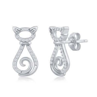 #ad Sterling Silver CZ Cat Stud Earrings $40.00