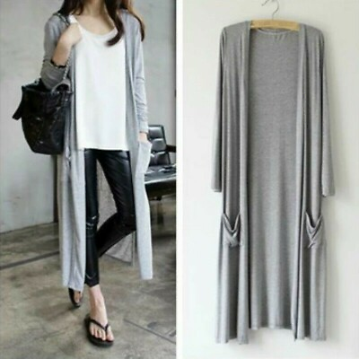 #ad Lady Long Sleeve Maxi Cardigan Boyfriend Cover Up Open Floaty Plain Casual Solid $18.05