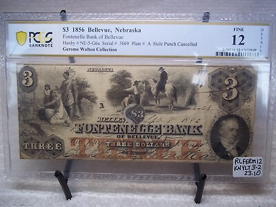 #ad 1856 $3 Bellevue Nebraska Territory Fontenelle Bank Obsolete Currency F12 S#3669 $319.00